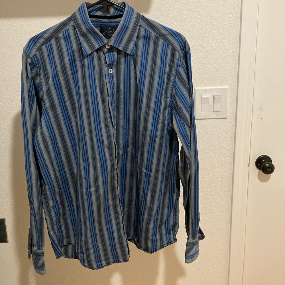 Men’s L, Tommy Bahama, striped, button down, blue, black, gray
